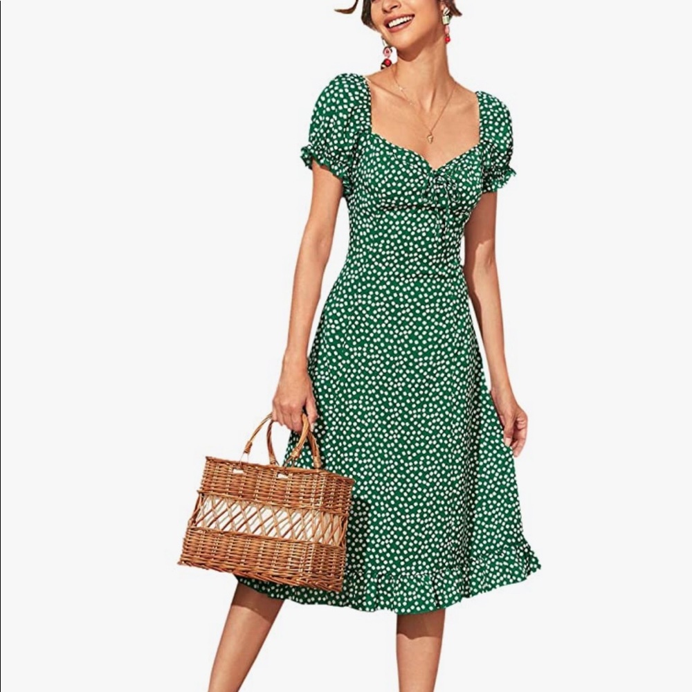 Women's Floral Print Sweetheart Neck Short Sleeve A Line Ruffle Dress Green Boho